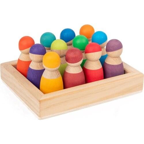 Wooden Rainbow Blocks Montessori Toys 12 Friends Peg Dolls Bodies Baby Pretend Play People Figures Shape Kids Educational Toys