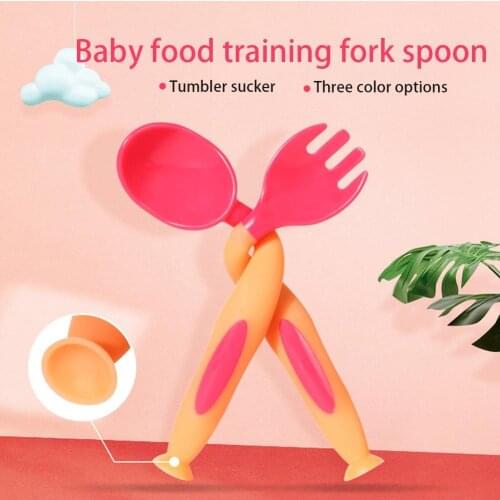 Baby Infant Soft Bendable Plastic Self-feeding Spoon Fork Learning Tableware Set