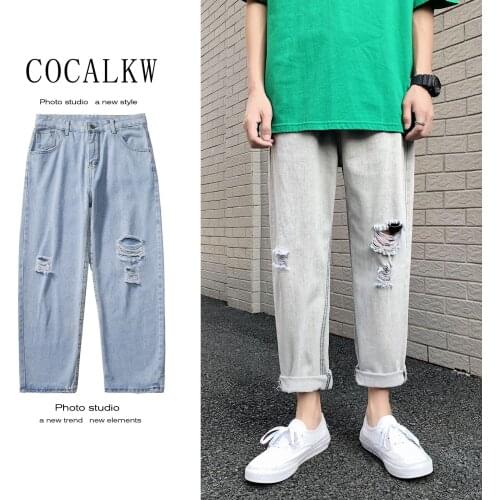 Nine points ripped jeans mens tide brand Hong Kong style Harajuku style beggar pants summer thin straight loose cow trousers