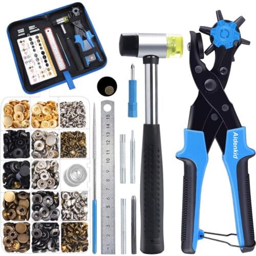 Hole Punch Plier Set,Revolving Punch Hole Tool Kit with Punch Plier,Plastic Hammer,Leather Double Cap Rivets&Snap Fasteners