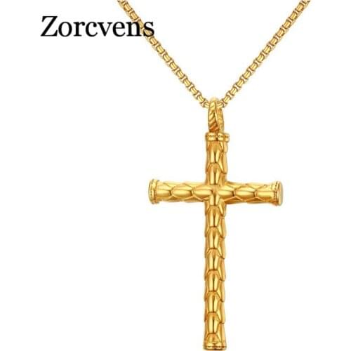 ZORCVENS New Gold Silver Color Cross Necklace & Pendant for Men Dragon Scales Design Stainless Steel Jewelry