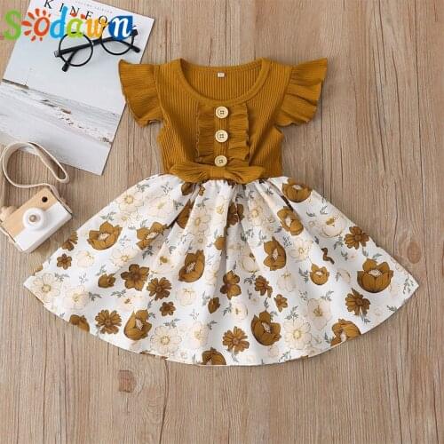 Sodawn Girls Dress Summer New Girls Flying Sleeve Stitching Dress Floral Infant Baby Girls Princess Birthday Party Dress