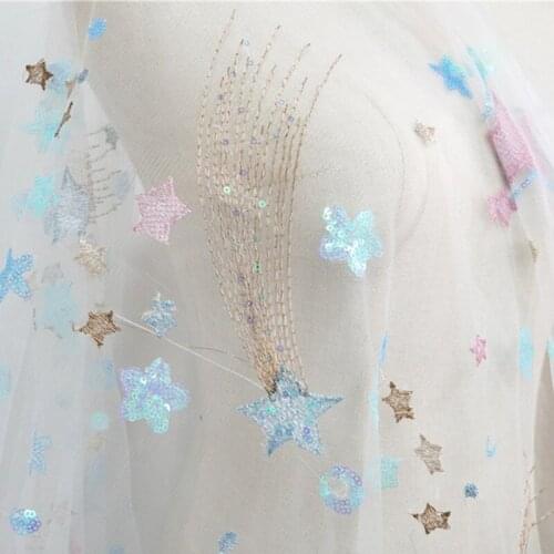 Embroidery Stars Iridescent Sequins Tulle lace fabric Shining Lace for Flower Gilr Dress Sewing Crafts Apparel Sew Decor 1 yard