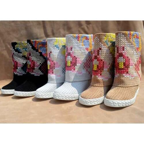Real photo fashion hand-embroidered middle boots women Cross stitch 8CM inner heel mid boot