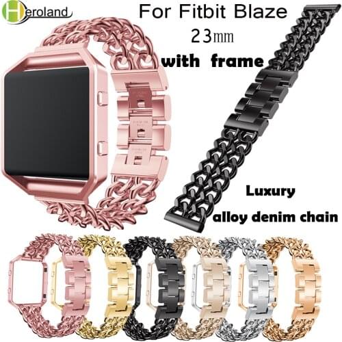 Alloy denim chain Watch Bands Strap For Fitbit Blaze Smart Watch Band Bracelet Wristband With Stainless Steel Metal Frame Case