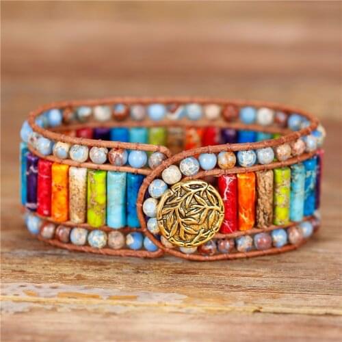 Handmade 7 Chakra Cuff Bracelet Jaspers Leather Wrap Bracelet Wholesale Boho Natural Stone Beads Bracelet Charm Jewelry Dropship