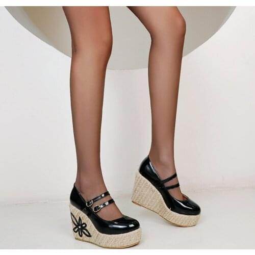MKKHOU Single Shoes Women 2021 New Spring Patent Leather Buckle Belt Linen Woven Wedge Platform High Heels Large Size 30-48