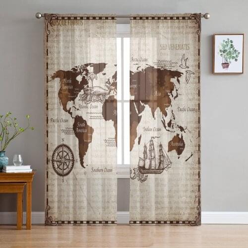 Vintage Nautical Map Ocean Compass Sailing Whale Voile Tulle Sheer Curtains for Bedroom Living Room Kitchen Decor Window Curtain