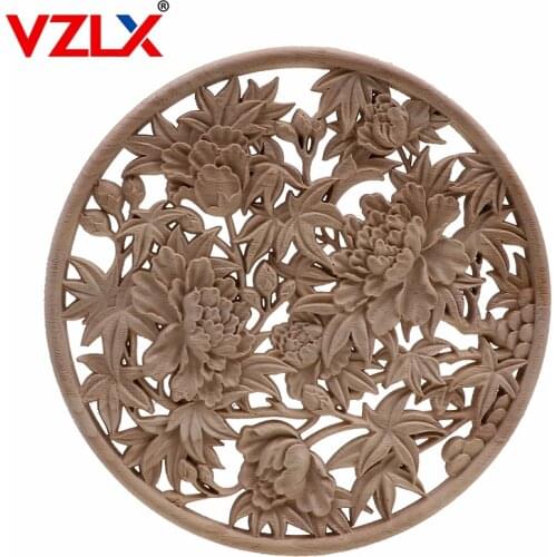 VZLX Round Wood Carving Applique Oak Furniture Decorative Mouldings Decal Cabinet Door Figurine Craft Flower Board 50cm40cm30cm