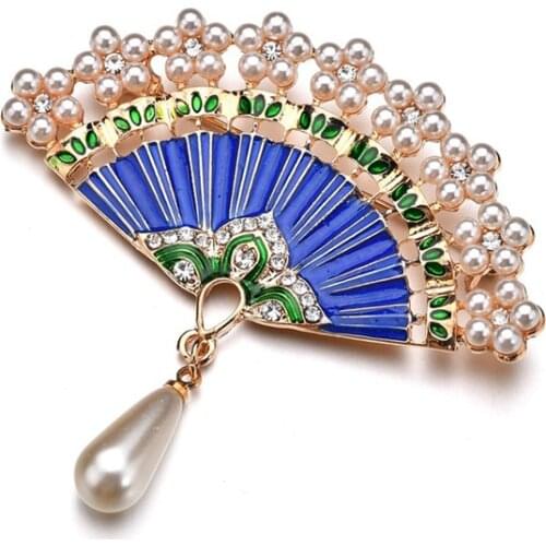 2018 New exquisite Chinese style fashion Enamel inlaid imitation pearl fan shape personality wild brooch female