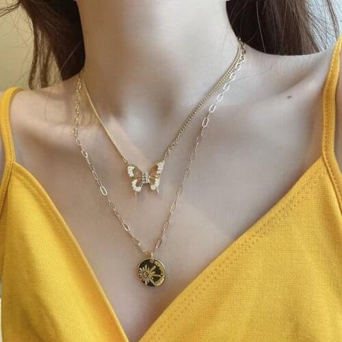 MENGJIQIAO Korean Fashion Design Pearl Butterfly Necklace For Women Ladies Elegant Metal Link Chain Hoop Earrings Jewelry