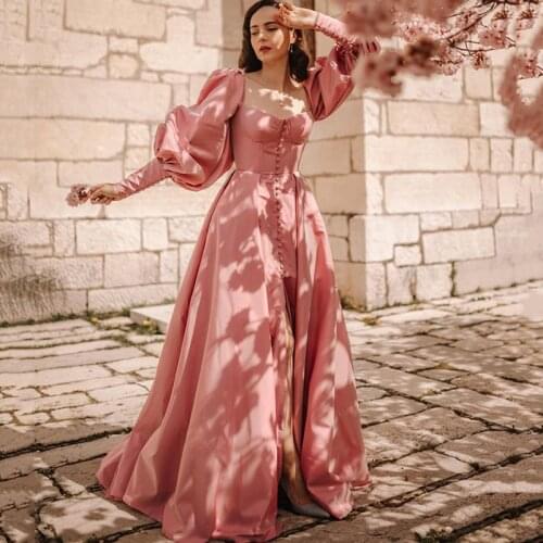 Fairy Pink Prom Dresses Long 2021 Puff Sleeve Formal Evening Party Gowns Buttons Split Front Taffeta Vestido de Formatura