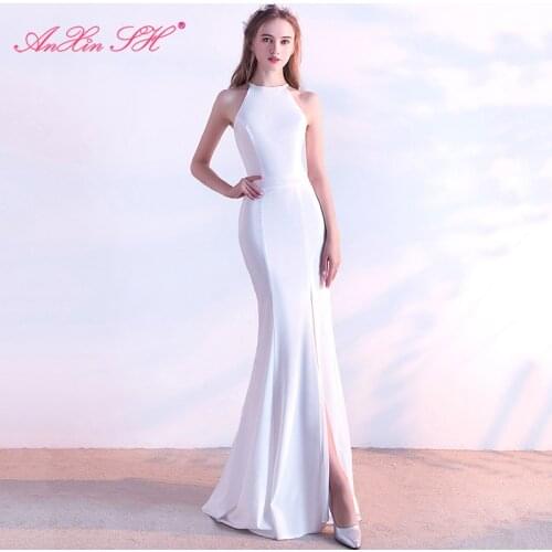 AnXin SH celebrity party white mermaid evening dress sexy halter sleeveless red trumpet evening dress little black dress 0717