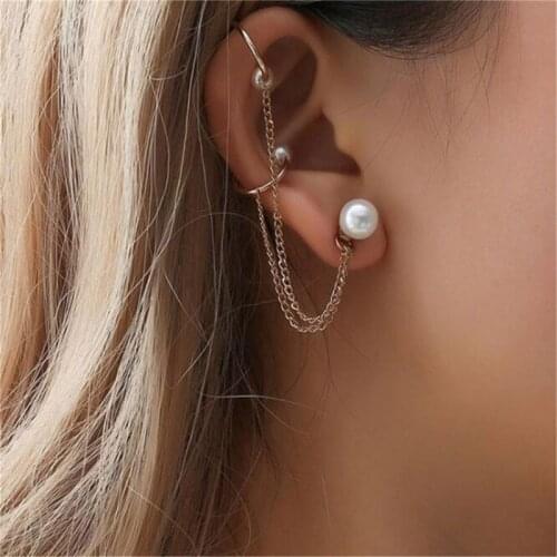 1Pair Fashion Alloy Faux Pearl Double Chain Earring Clip Long Tassel Ear Cuff Clip Women Jewelry