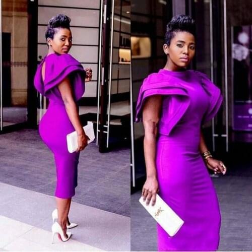Custom Made African High Neck Purple Dresses Sheath Prom Gowns Tea Length Arabian Formal Prom Dresses Evening Wear