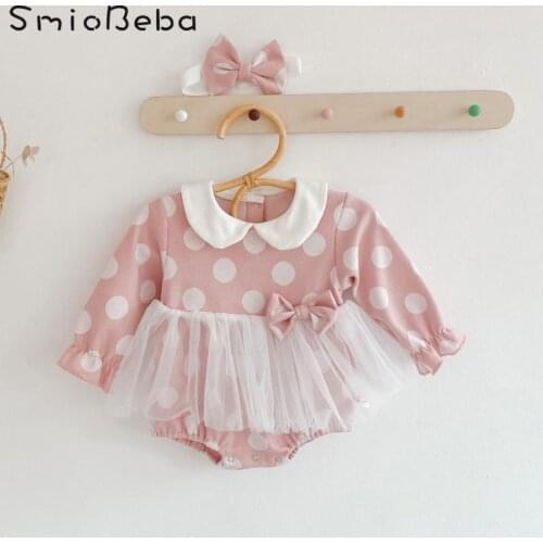 Spring And Autumn Baby Girls Pink Romper Polka Dot Bow Long Sleeve Skirt Pure Cotton Bodysuits Baby One Piece Creeper Jumpsuit