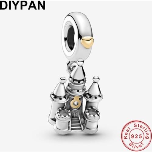 Two-tone Castle Dangle Charm Fit Original Pandora Bracelet Charms 925 Sterling Silver Charm Jewelry Making Berloque
