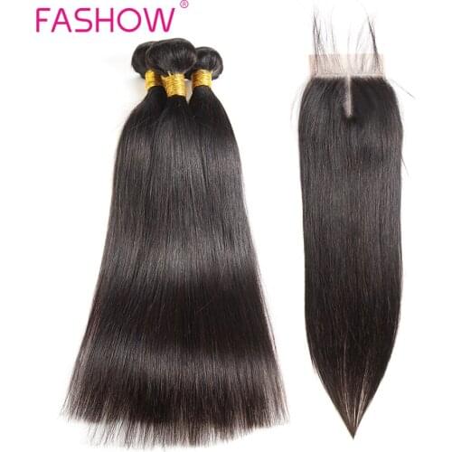Fashow Peruvian Hair Bundles With Closure 3 Bundles With Lace Closure 100% Human Hair Weave Extensions Straight Hair Bundles