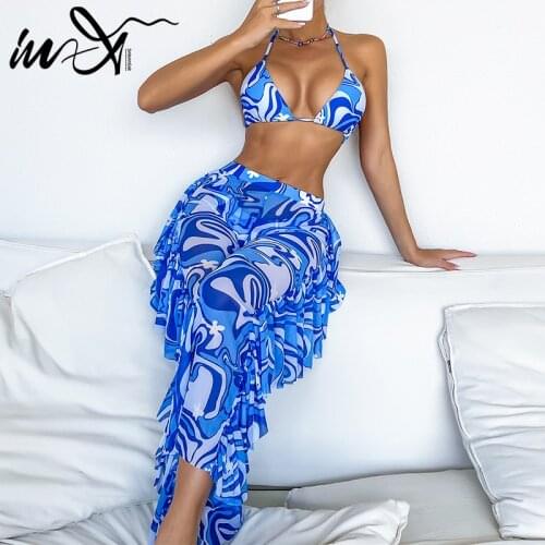 In-X High waist bikini set Print swimwear women Halter swimsuit womnes swimming suit Ruffle long 3 pieces set Sexy bathing suit