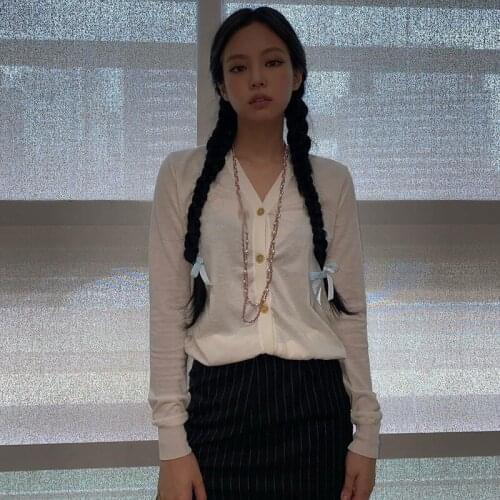 Kpop Seo Yea Ji IU Lee Ji white long-sleeved wild cardigan Sweater tops+loose sexy stripes high slit skirts women 2 piece set