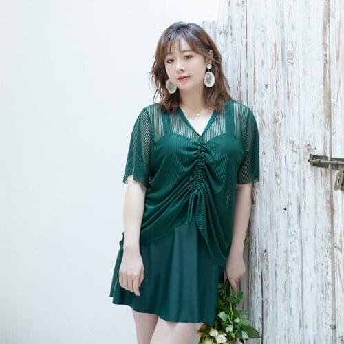 Swimsuit Women Conservative Plus Size One-piece Swimsuit With Cover Up Bathing Suit Push Up Swim Dress Green Black Swimwear 2021