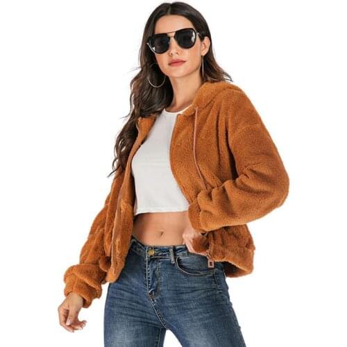 Womens Winter Plush Long Sleeve Hooded Jacket Zipper Front Solid Color Faux Fleece Warm Coat Loose Drawstring Sweatshirt