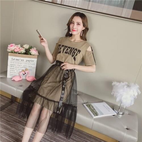 Summer 2020 New Womens Letter print Long T-shirt +Mesh See Through Skirt 2 Piece Sets Fashion Holes Belt Skirts Suits jc266