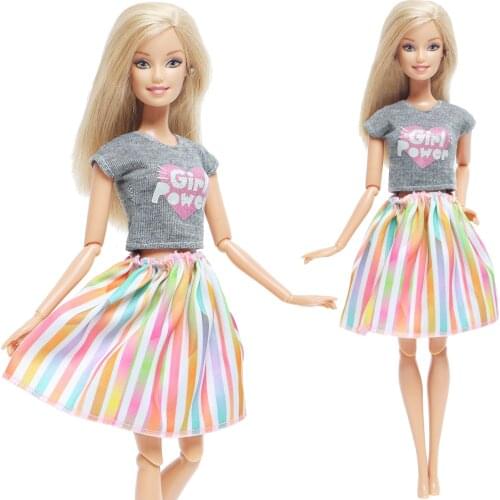 Handmade Fashion Doll Dress Daily Casual Wear T-shirt Blouse + Rainbow Color Skirt Mini Gown Clothes for Barbie Doll Accessories
