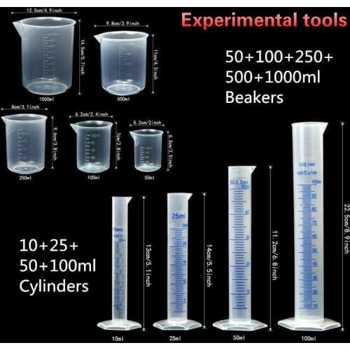 Lab Plasticware Set,4 Clear Plastic Graduated Cylinders with 5 Beakers +1 Brush