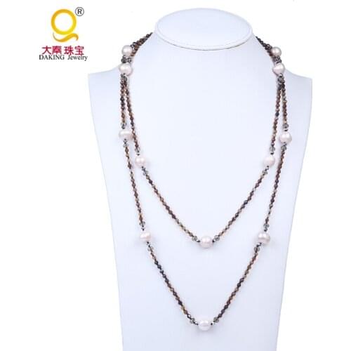 Fashion new big real pearl necklace 12-13mm potato freshwater pearl long necklace faceted brown stone crystal necklace jewelry