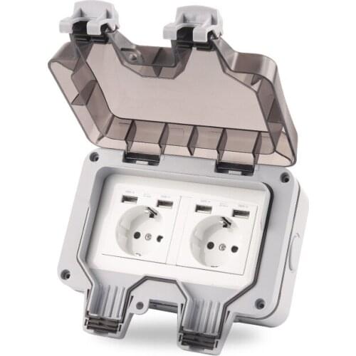 IP66 dustproof and waterproof outdoor wall double panel socket 16A EU German standard switch socket with USB for home garden