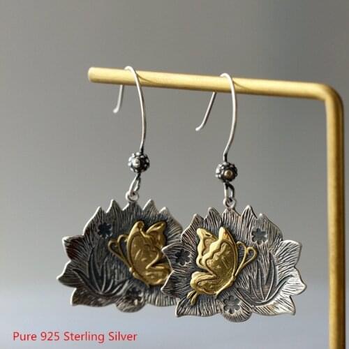 Buyee Drop Earring Vivid Golden Butterfly and Flower Real 925 Sterling Silver Earring for Women Wedding Hypoallergenic Jewelry