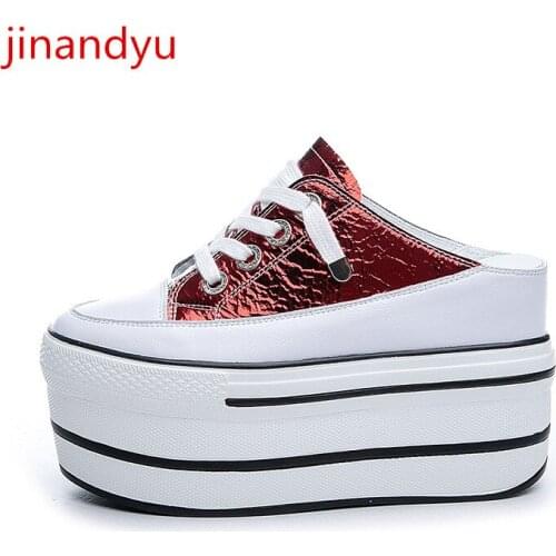 Platform Shoes Heels Women Genuine Leather Casual Shoes Fashion Hidden Heel Breathable Comfort Red Black Shoes Woman Slippers