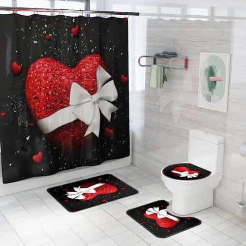 Happy Valentines Day Bathroom Curtains Rose Love Pattern Black Shower Curtain and Rug Sets Toilet Lid Cover Bath Mat Home Decor