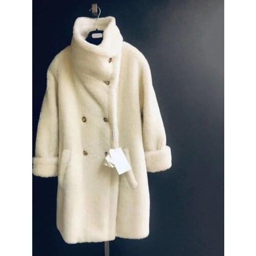 Women Winter Jacket White Long Style 2021 New Fashion Casual Real Sheep Wool Overcoat Lamb Fur Oversized Turn-Down Collar FN0095