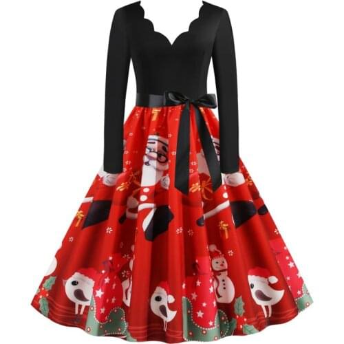 New Spring Fall Winter Christmas Santa Claus Bids Print V Neck Ribbon Long Sleeve Women Ladies Casual Party Short Skater Dress