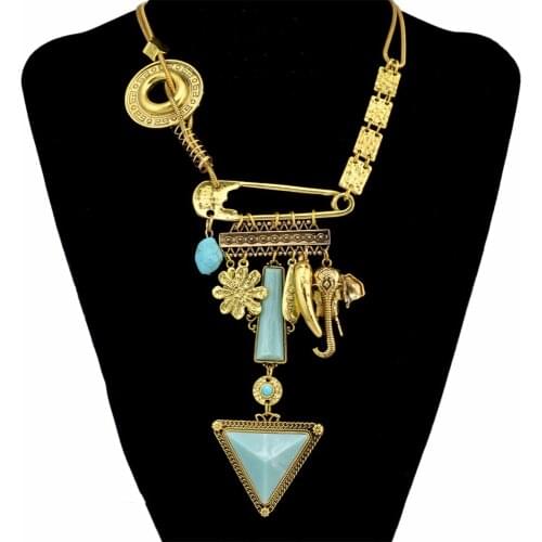 Vintage Elephant Pendant Necklaces for Women Bohemian Ethnic Gypsy Tribal Green Stone Necklace Festival Party Jewelry Gift