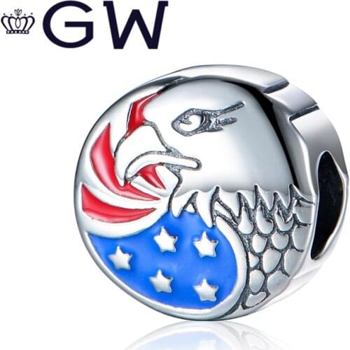925 Pure silver Bead Enamel Bald Eagle Beads Flag Charm Fit European Bracelet Brand Original Bracelet Diy Jewelry making GW
