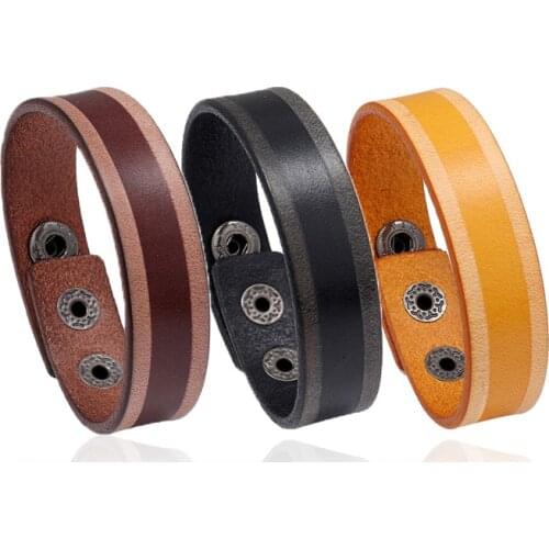 Three Color Flat Genuine Leather 18mm Wide Wrap Bangle Punk Men Watch Bracelet Jewelry Geometric Cuff Jewelry Pulsera Hombre