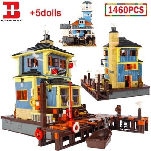 Happy Build City Street View Fisherman Shop Architecture Building Blocks Friends House Lighthouse Figures Bricks Toys for Kids