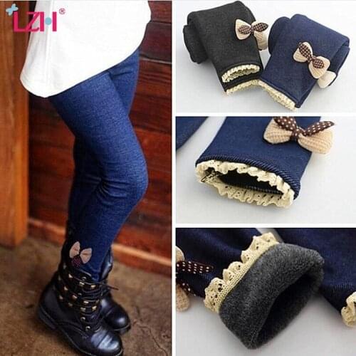 LZH 2020 Winter Autumn Fashion Kids Bow Lace Pants For Girls Velvet Padded Leggings Children Trousers For Girls Clothing 3-10Y