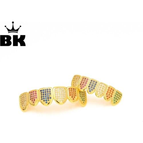 THE BLING KING Multi Colored CZ Teeth Grills Set Micro Paved Cubic Zirconia Top & Bottom Teeth Hip Hop Grills