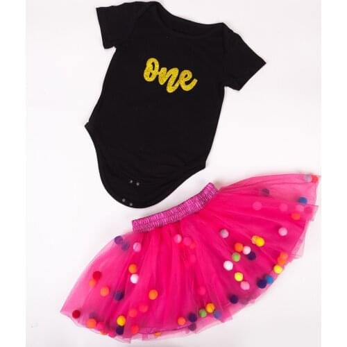 New Baby Girls T-Shirt Tutu Tulle Skirt 2pcs Cloth Set Toddler Girl One Print Cotton Clothing Colorful Pompom Ball Outfit Skirts