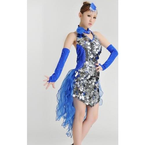 New women fashion Tuxedo Latin dance dress customize white/blue girl tassel sequins Rumba Samba tango dance performance clothing