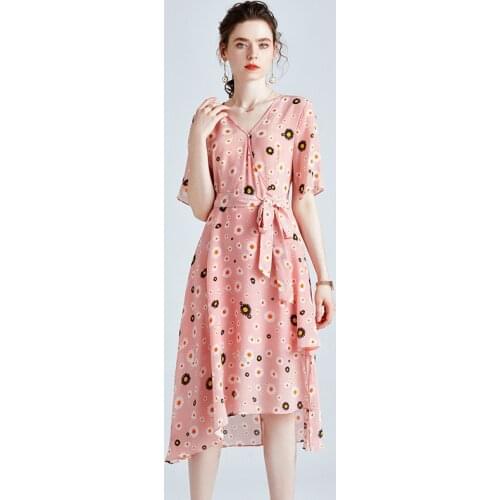 Pink Little Daisy Floral Silk Dresses Women 2021 Summer Long Casual Sexy Office Work Daily Dress Plus Size Slim Fit A Line