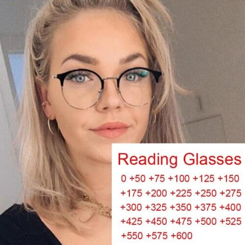 Vintage Transparent Round Reading Glasses Women Prescription Eyeglasses +1 +2 Metal Half Frame Grandmother Presbyopia Eyewear