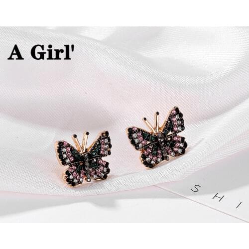 A Girl' Vintage color butterfly earrings Green rhinestone animal Retro Studs ladies party jewelry gift