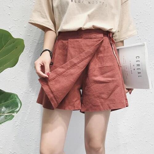 Summer Women Cotton Linen Shorts Leisure Loose Fake 2-Piece Skirt Short Elastic Waist Casual Fashion Solid Big Plus Size L-4XL