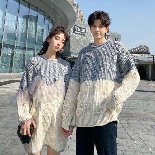 Lovers wear autumn and winter wear contrast color stripe pullover long sleeve knitwear couples knitwear
