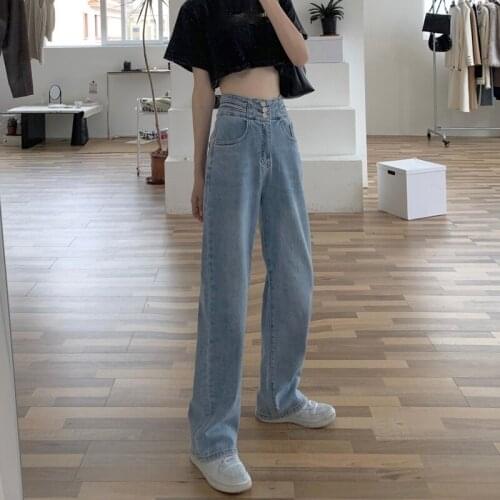 Woman Trousers 2021 Summer New High Waisted Female Loose Straight Jeans Wide Leg Pants Fashion Pant for Women Button S0034